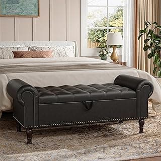 Storage Ottoman Bench for Bedroom, 51" Upholstered Bedroom Bench with Rolled Arms and Vintage Rivets, Large Storage Chest for Living Room, Bedroom, Entryway, Black