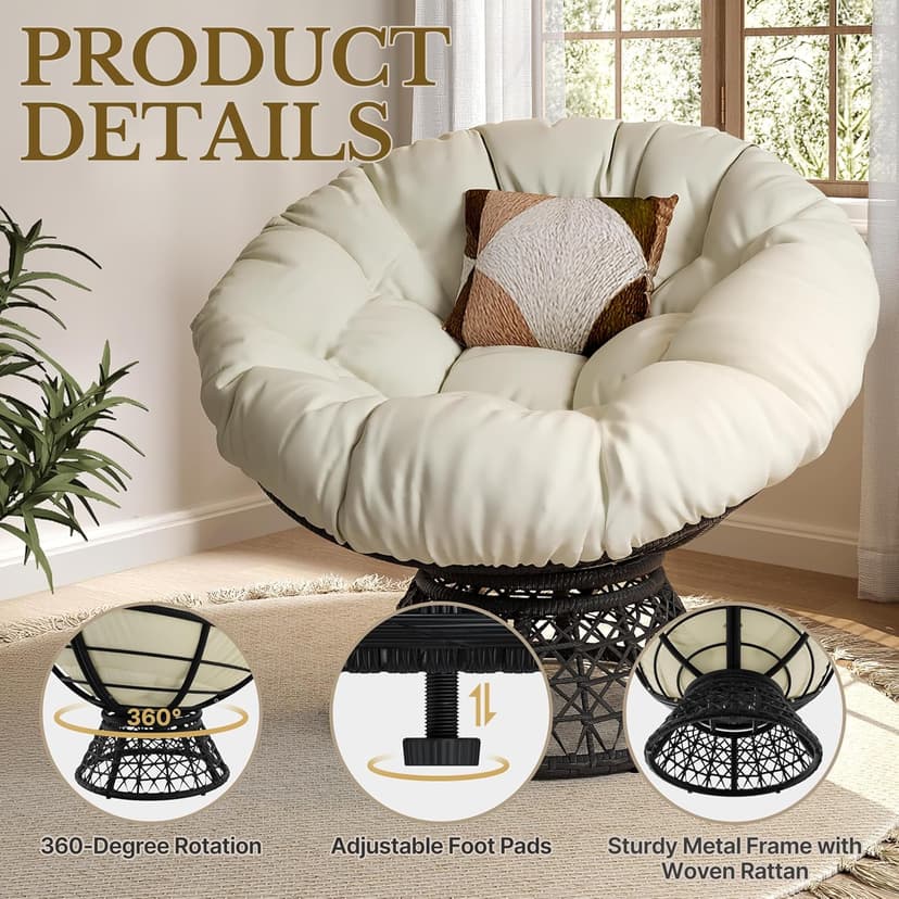 Yaheetech Indoor Papasan Chairs with Thick Tufted Cushions and Frame, Swivel Wicker Ergonomic Lounge Reading Chairs for Living Room/Bedroom, Beige