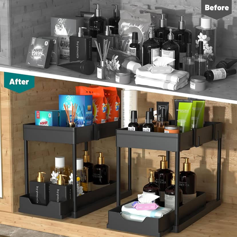 2 Pack Under Sink Organizer, 2 Tier Bathroom Cabinet Organizer with Sliding Basket, Multi-Purpose Under Sink Organizers and Storage for Bathroom Kitchen