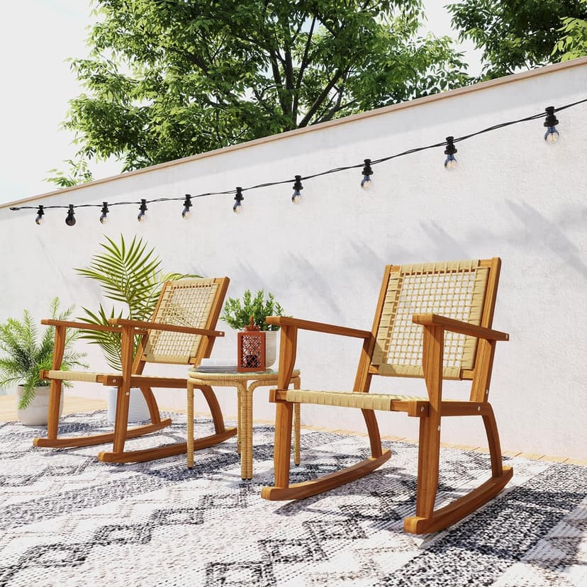 Outsunny Outdoor Rocking Chair Set of 2, Acacia Wood Outdoor Rockers with Armrests, Rattan Wicker Back and Seat, Patio Wooden Rocking Chair Set for Garden, Balcony, Porch, Khaki