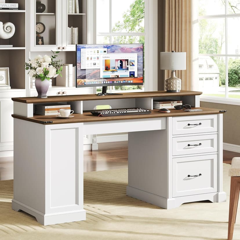 55'' Farmhouse Executive Desk with Drawers, Computer Desk with File Cabinet and Side Bookshelf, Writing Gaming Desk with Monitor Stand & Charging Station, White and Walnut