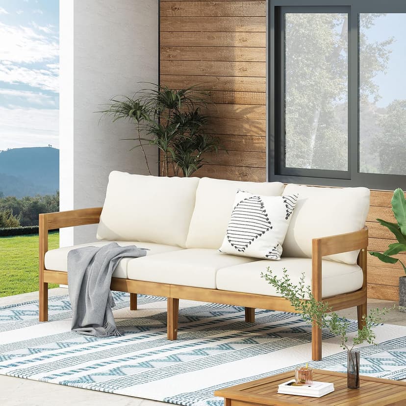 Christopher Knight Home Brooklyn Outdoor 3 Seater Sofa with Cushions - Acacia Wood - Teak/Beige