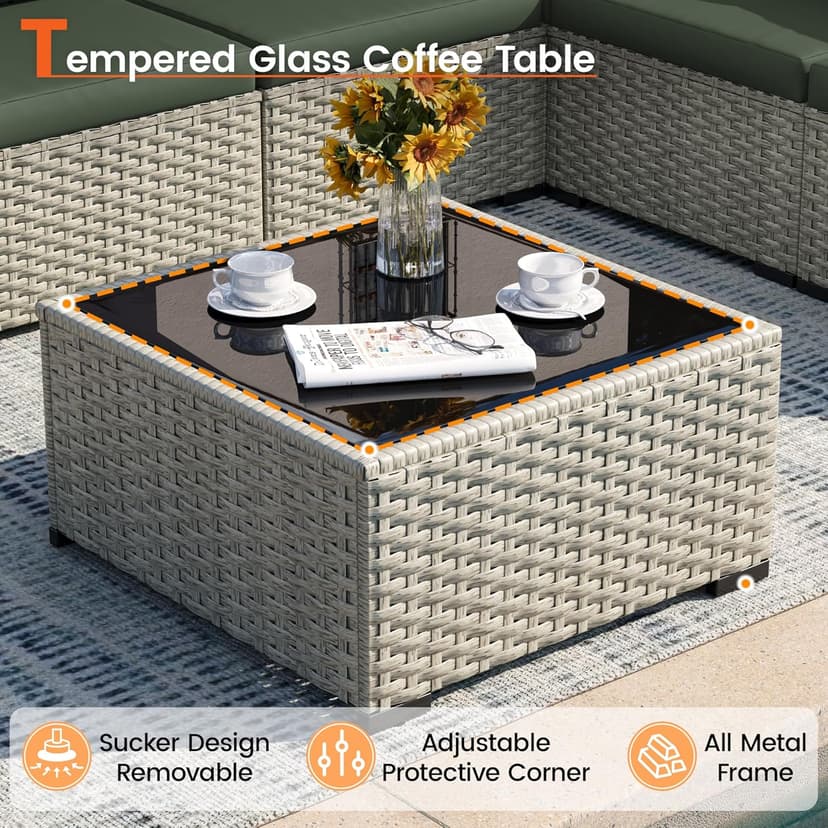 Patio Furniture Set, 7-Piece Outdoor Sectional All-Weather Wicker Patio Conversation Set for Backyard (Green Cushions with Grey Rattan)