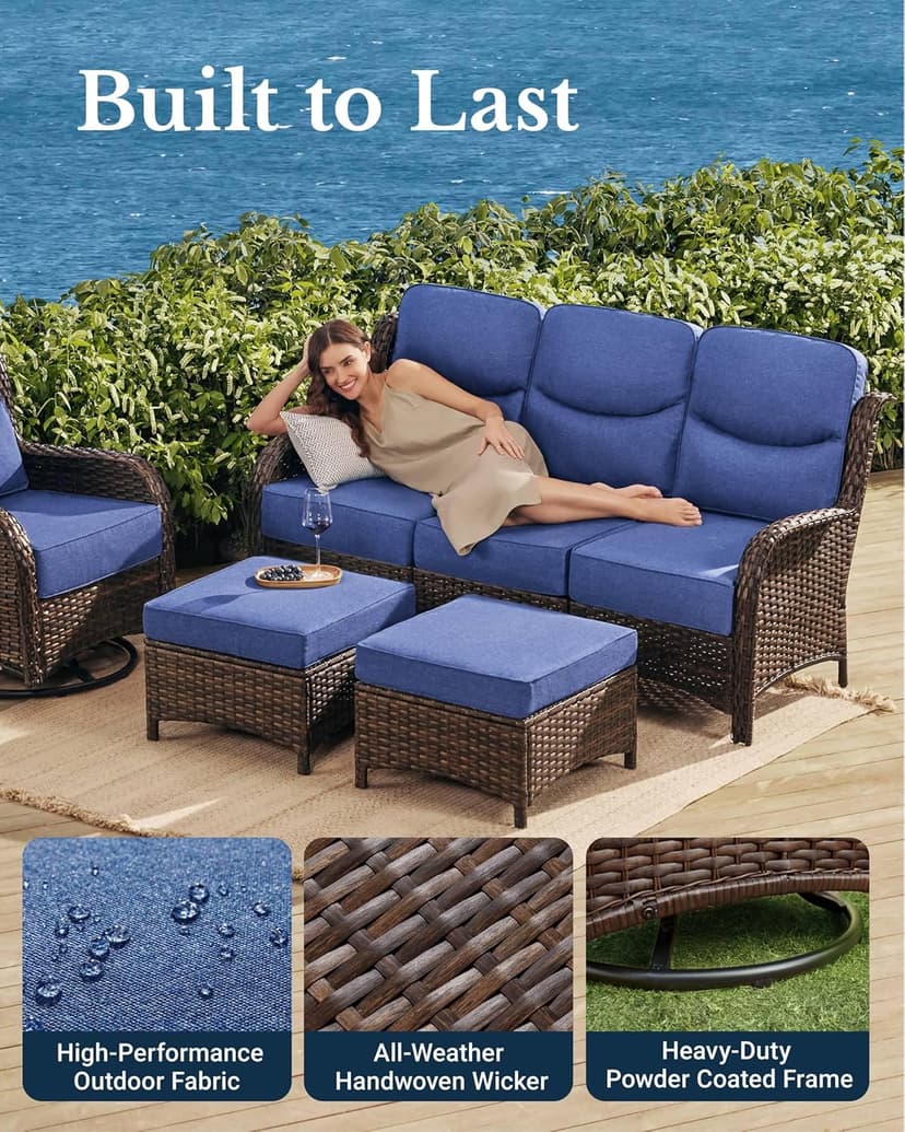 HILLGA Luxury Patio Furniture Set with 6-inch Thick Cushion, Outdoor Couch and High Back Swivel Rocker Patio Chairs, 7PCS Wicker Conversation Set for Deck Yard and Poolside, Blue (V2)