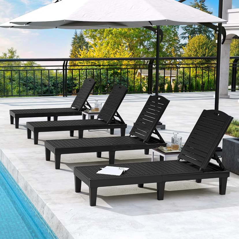 DWVO Outdoor Chaise Lounge, Pool Lounge Chair Set of 4 w/ 5-Level Backrest, Waterproof & Easy Assembly Patio Lounge Chair for Garden, Pool, and Beach (Black)