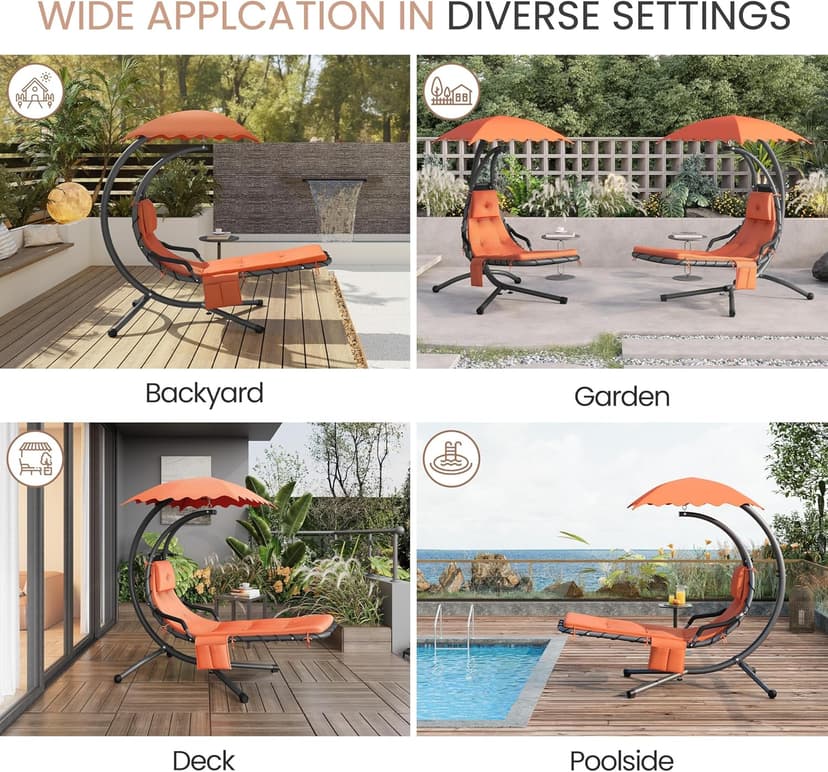 Yaheetech Outdoor Hanging Chaise Lounge Chair Hammock Chair w/Built-in Pillow and Removable Canopy for Patio Backyard Deck Garden - Orange