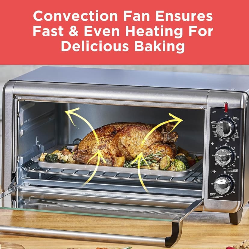 BLACK+DECKER 8-Slice Extra Wide Convection Toaster Oven, Fits 9"x13" Oven Pans and 12" Pizza, Bake, Toast, Broil, and Keep Warm Functions, Countertop Compact Design with Stainless Steel Finish