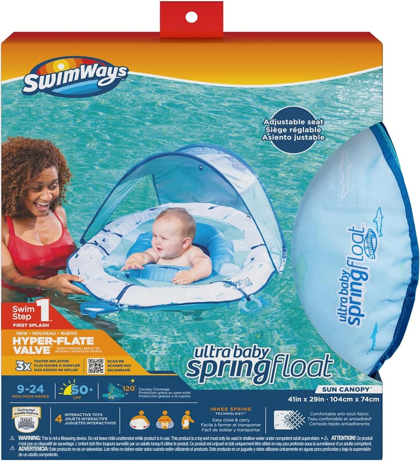 Swimways Ultra Baby Spring Float, Premium Inflatable Baby Pool Float with Sun Canopy, Fast Inflation & Carry Bag (9-24 Months), Mermaid Toys for Kids