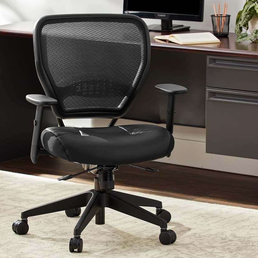 Space Seating AirGrid Back and Padded Stitched Bonded Leather Seat, 2-to-1 Synchro Tilt Control, Adjustable Arms, Nylon Base Adjustable Managers Chair, Black