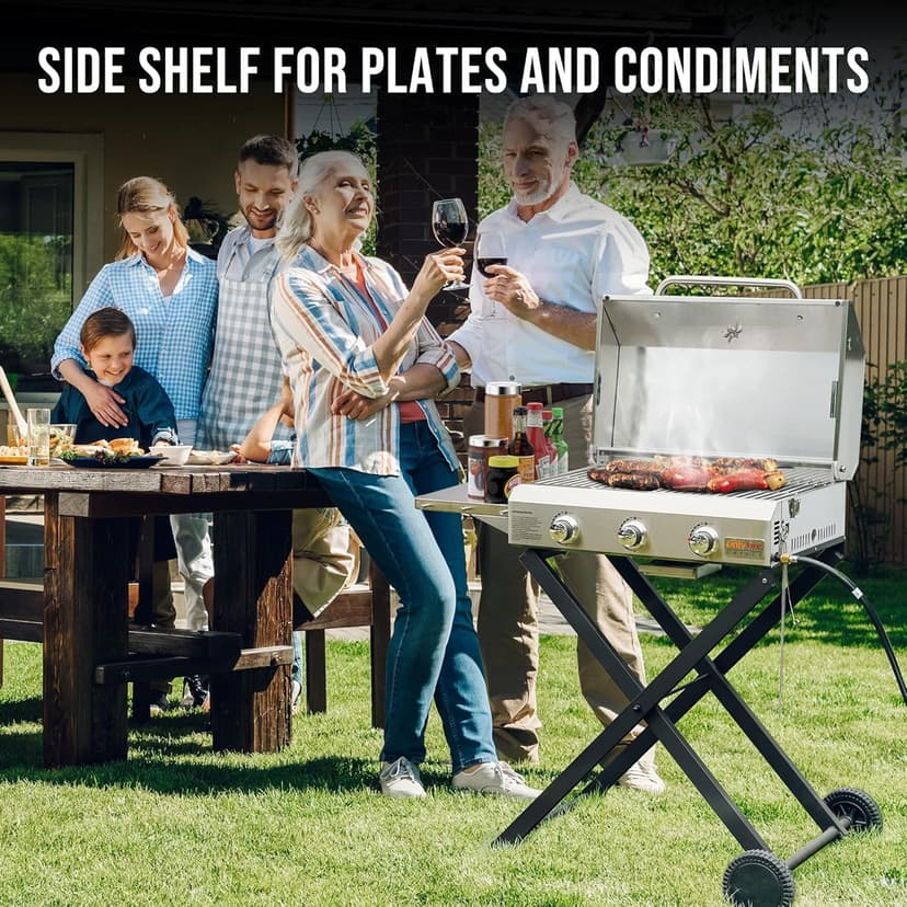 Onlyfire BBQ Gas Grill 3-Burner with Foldable Cart & Side Table, Portable Propane Grill with Lid for Outdoor Patio Backyard Barbecue Camping Tailgating RV Trip, Stainless Steel, GS308
