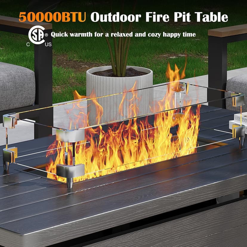 Sundale Outdoor 51 Inch Outdoor Fire Pit Table, 50,000 BTU Rectangle Propane Fire Pit with Glass Wind Guard, Rain Cover, Removable Lid, CSA Certified, Gray