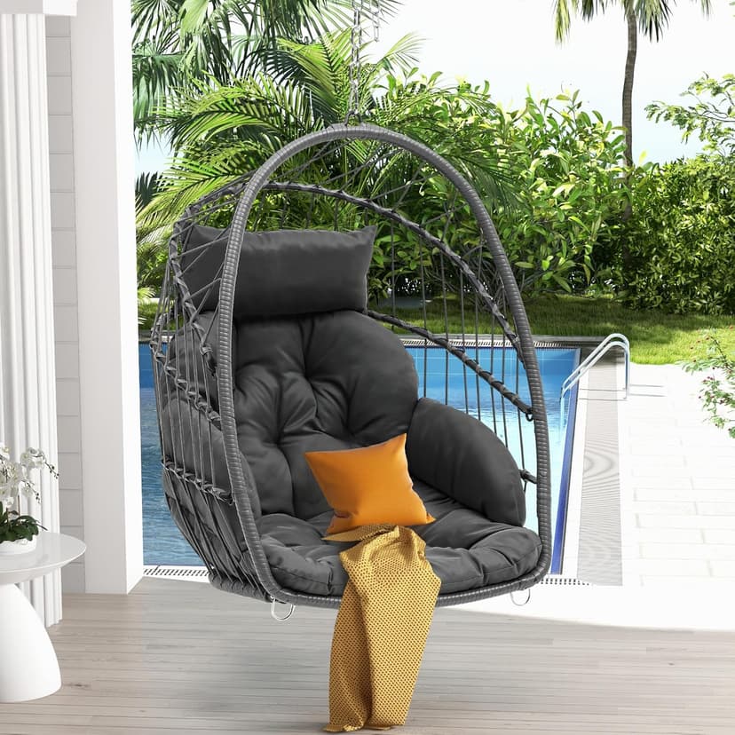 DWVO Egg Chair Without Stand, Basket Chair Hanging Outdoor Rattan Wicker Patio Hammock Indoor Egg Chair with Cushion, Hanging Swing Chair 350lbs for Porch, Garden, Bedroom, Balcony, Gray