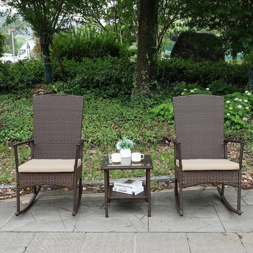 Outdoor Rocking Chair 3 Pieces High-Backed Rocking Chair Patio Rocking Chairs Outdoor Table, Khaki