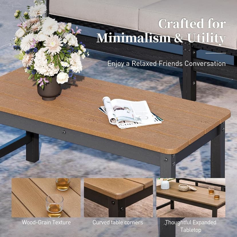 HDPE Outdoor Patio Furniture 4-Piece Set, All Weather Modern Patio Conversation Sets with Wood-grain Extended Table, Outdoor Patio Couch Set, Black Frame with Beige 4.7" Thick Cushions