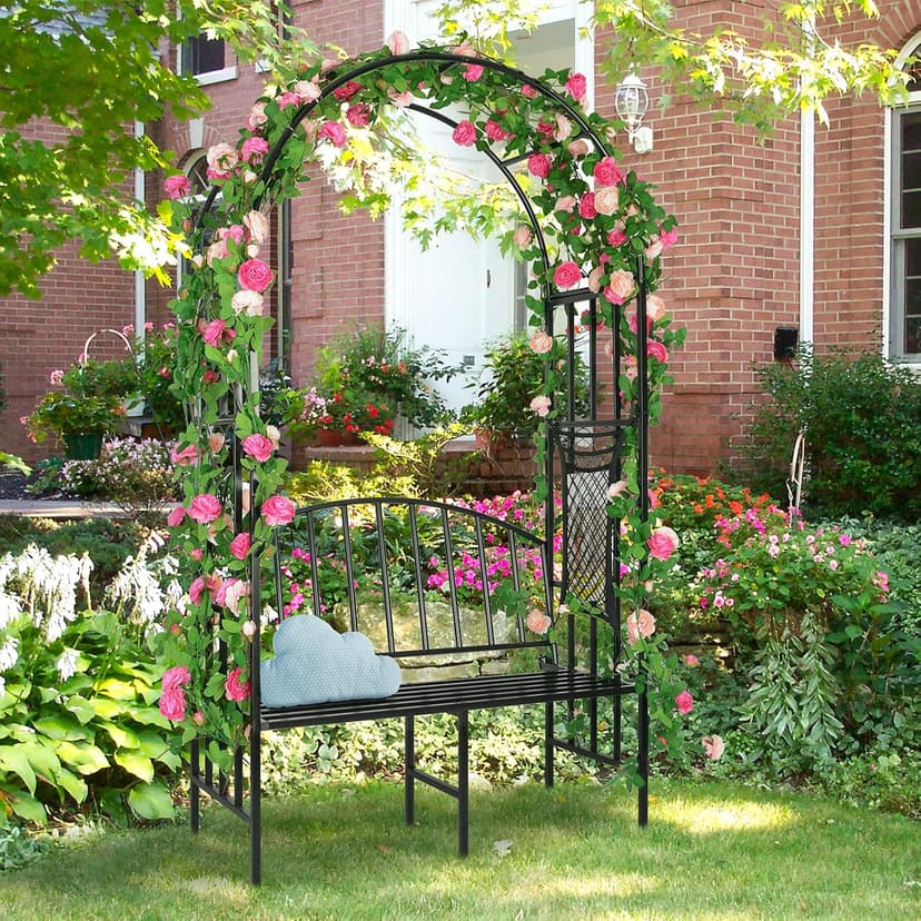 Garden Arch Heavy Duty (Holds 660lbs-250kg) | Metal Arbor Archway for Climbing Plant & Two People Seat Bench |Outdoor Lawn Backyard Decor 81 x 45.3 x 20 in - Black