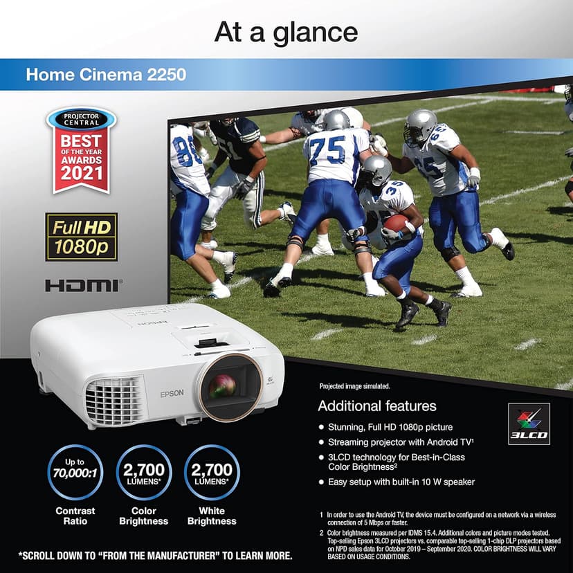 Epson Home Cinema 2250 3LCD Full HD 1080p Projector with Android TV, Streaming Projector, Home Theater Projector, 10W Speaker, Image Enhancement, Frame Interpolation, 70,000:1 contrast ratio, HDMI