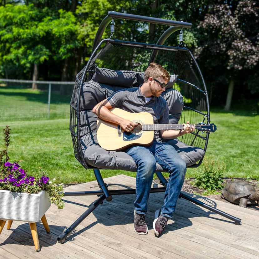 Sunnydaze Andrei Double Hanging Egg Chair with Stand - 2-Person Outdoor Egg Chair - Includes Steel Stand and Cushion - Dark Gray