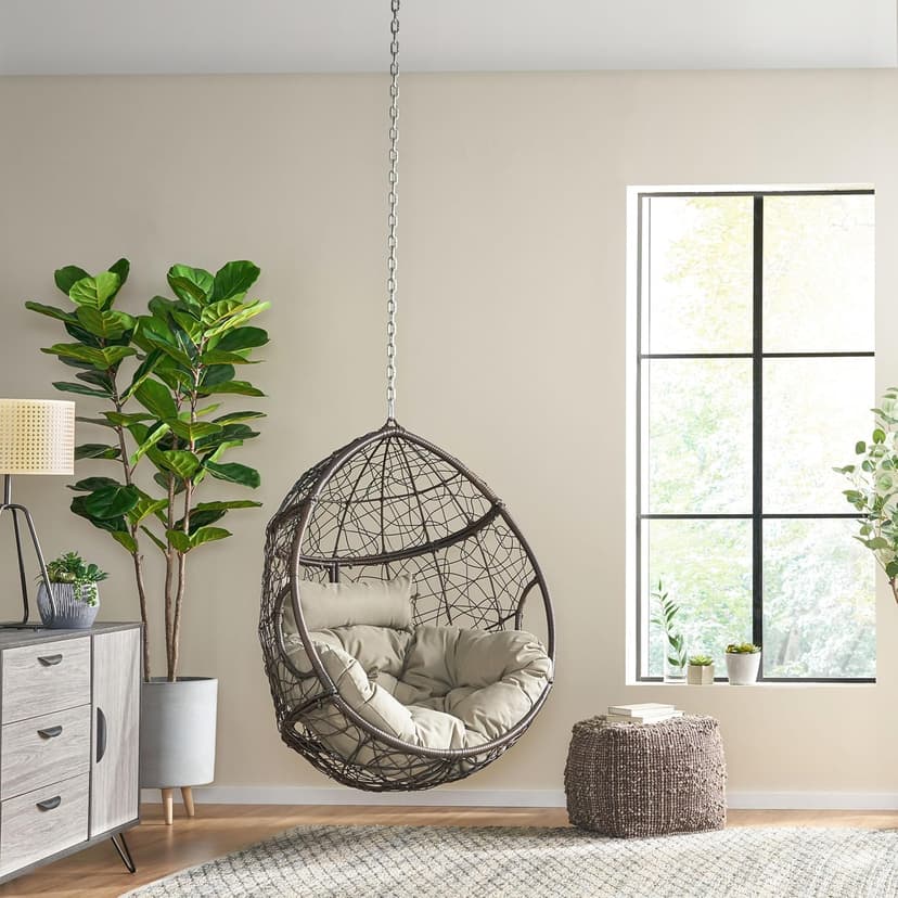 Outdoor Hanging Egg Chair with 8FT Chain, Patio Wicker Swing Egg Basket Chairs, Rattan Basket Hanging Chair Without Stand, Indoor Outdoor Wicker Hammock Egg Chair, Ideal for Patio Garden, Khaki Brown