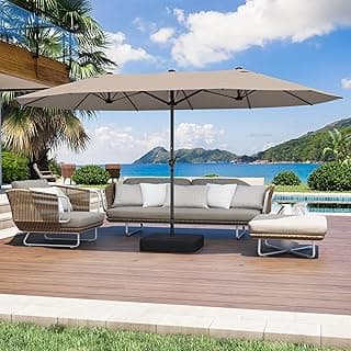 15FT Large Patio Umbrella with Base Included, Outdoor Deck Standing Umbrella with Crank Handle, Double-Side Rectangular Pool Umbrella for Outside, Market, Patio, Beige