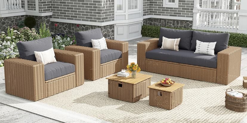 AMERLIFE 6-Piece Patio Sofa Set with Convertible Coffee Table - 8.3" Wide Armrests, UV-Resistant PE Rattan Outdoor Conversation Set for Balcony/Poolside, Waterproof Grey Cushions, Heavy-Duty Wicker