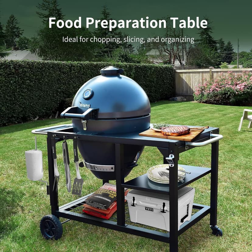 Brand-Man RODEO Steel Kamado Charcoal Grill & Smoker - 22" Cast Iron Grates, Grilling Basket, Large Prep Table Cart, Ideal for Outdoor Cooking