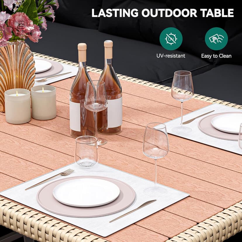 YITAHOME Patio Wicker L-Shaped Furniture Set, All-Weather Rattan Outdoor Conversation Sofa Set for Backyard Deck with Soft Cushions,Ottomans and Plastic Wood Dining Table (Light Brown+Black)