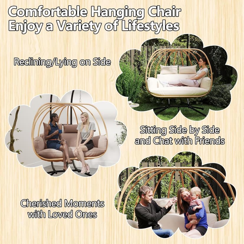 Hanging Chairs with Stand, All Weather Double Egg Chair Outdoor, Metal Hanging Egg Chairs Outdoor, 2 Person Oversized Swing Egg Chair, Modern Balcony Basket Loveseat for Indoor/Deck, Beige