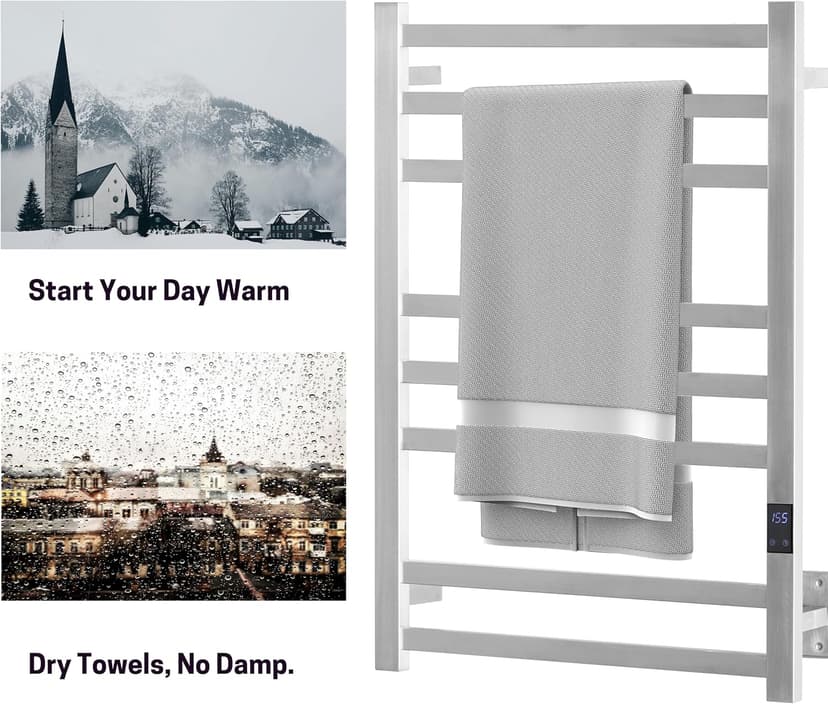 8-Bar Heated Towel Rack - Slim Design, Quick Heating, Adjustable Temperature, 24-Hour Timer - Brushed Stainless Steel - Ideal for Hot Towels in Bathroom