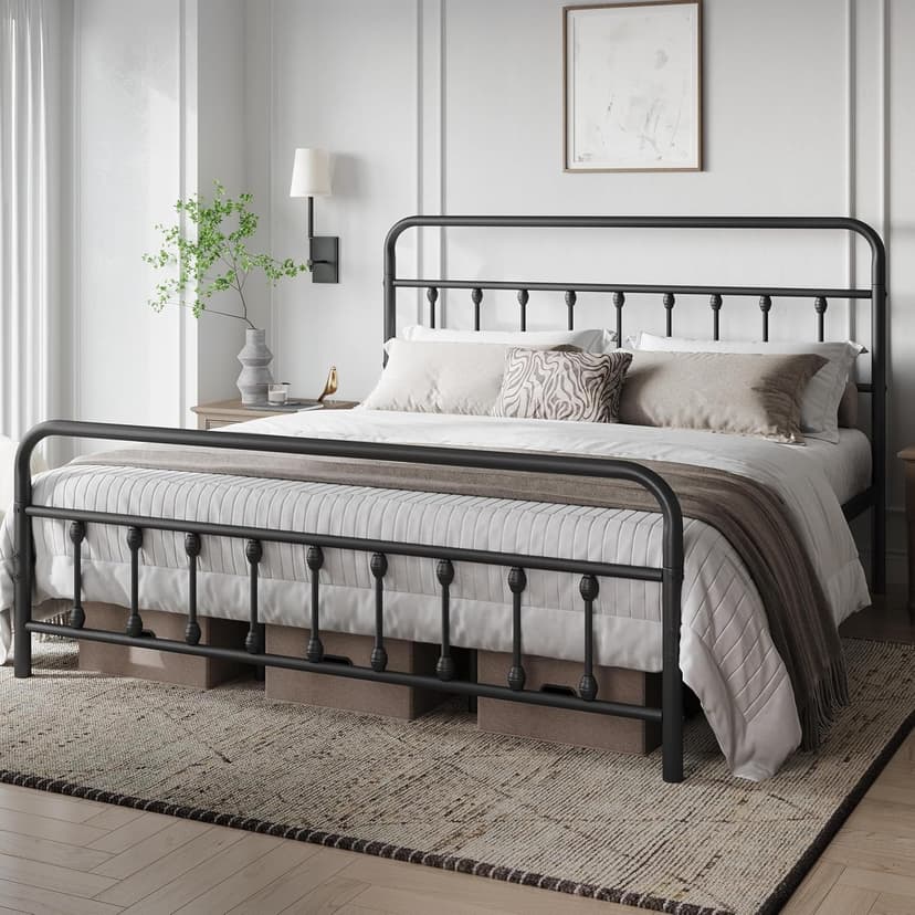 Yaheetech Classic Metal Platform Bed Frame Mattress Foundation with Victorian Style Iron-Art Headboard/Footboard/Under Bed Storage/No Box Spring Needed/King Size Black