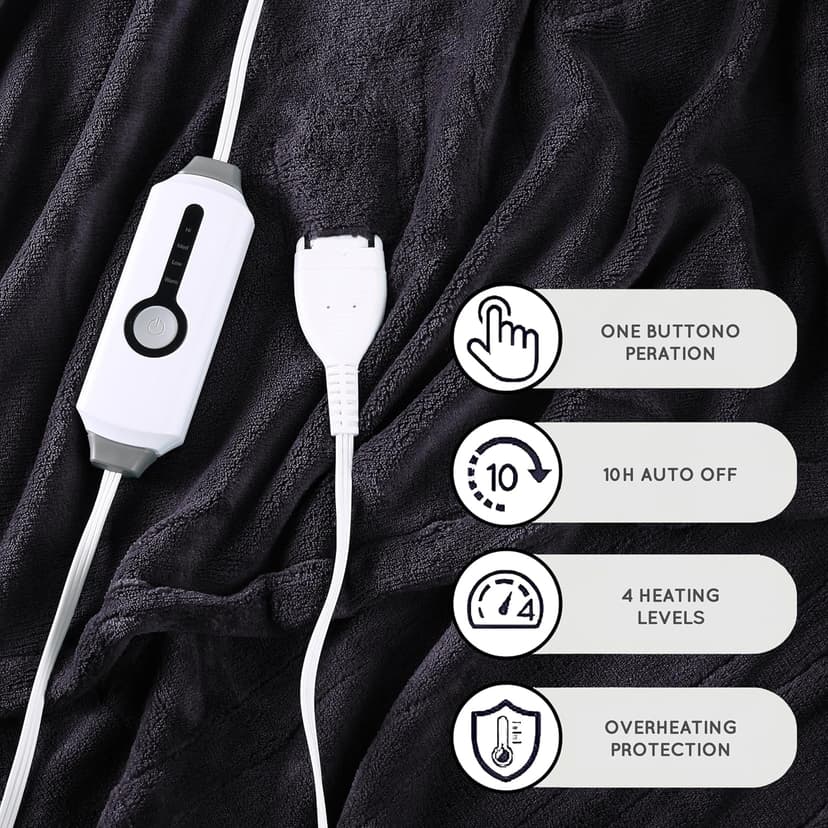 DUODUO Heated Electric Blanket 72"x84" Full Size Warm Coral Fleece with 4 Heat Settings & 10 Hours Auto Shut Off Overheating Protectsion - Black
