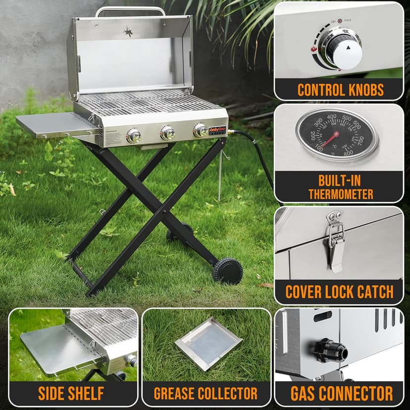 Onlyfire BBQ Gas Grill 3-Burner with Foldable Cart & Side Table, Portable Propane Grill with Lid for Outdoor Patio Backyard Barbecue Camping Tailgating RV Trip, Stainless Steel, GS308