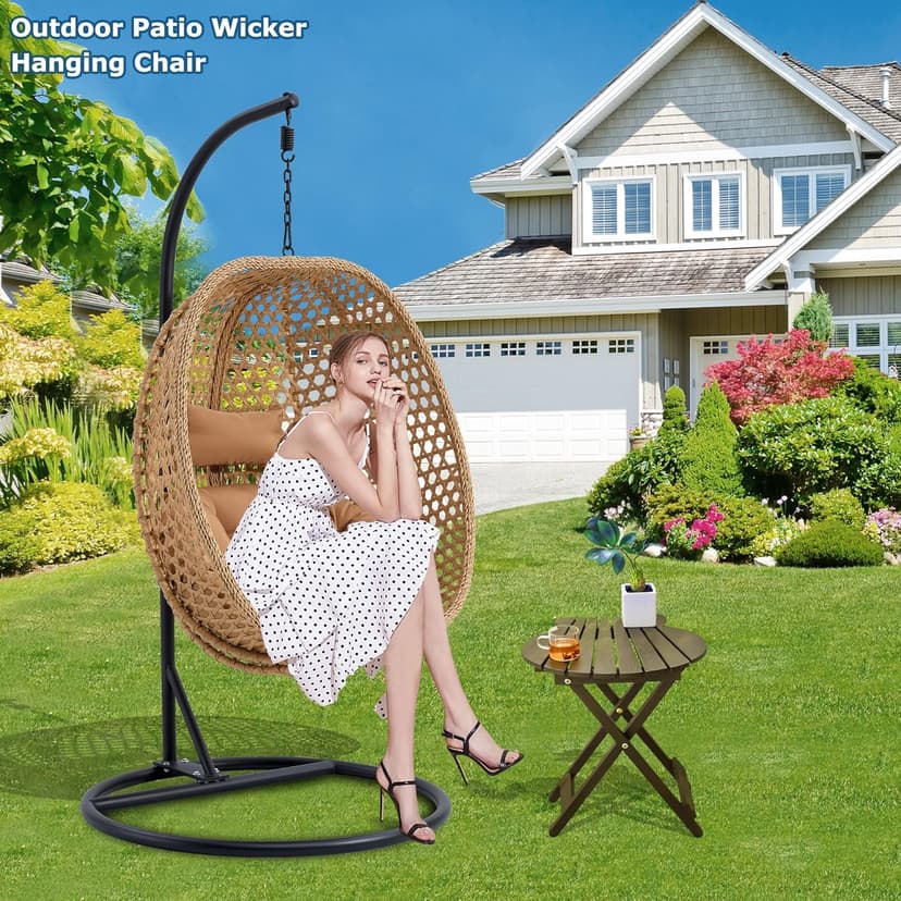 Hanging Egg Chair with Stand & Cushions, Outdoor and Indoor Hammock Rattan Swing Chair 350 lbs Capacity with Aluminum Steel Frame for Patio, Balcony, Backyard and Living Spaces (Light Brown)