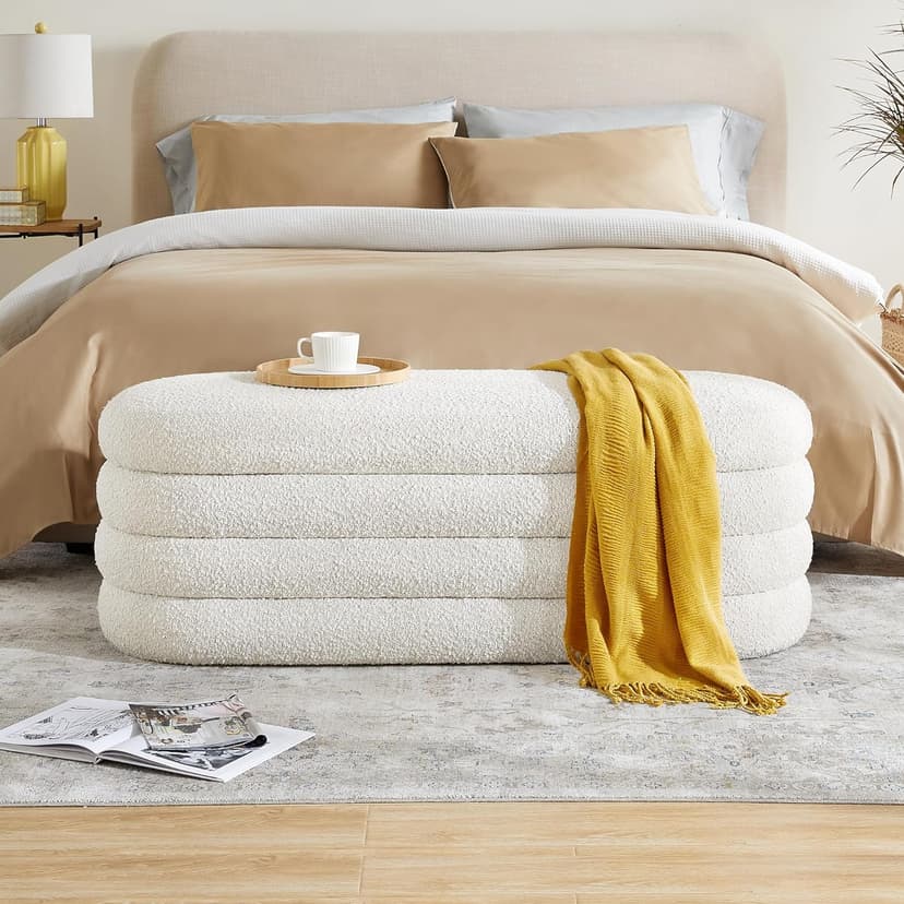Storage Ottoman Bench 49.2 Inch Upholstered Fabric Storage Bench for Bedroom End of Bed Aesthetic Large Oval Storage Ottoman for Living Room Entryway (Ivory)