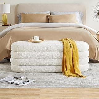 Storage Ottoman Bench 49.2 Inch Upholstered Fabric Storage Bench for Bedroom End of Bed Aesthetic Large Oval Storage Ottoman for Living Room Entryway (Ivory)
