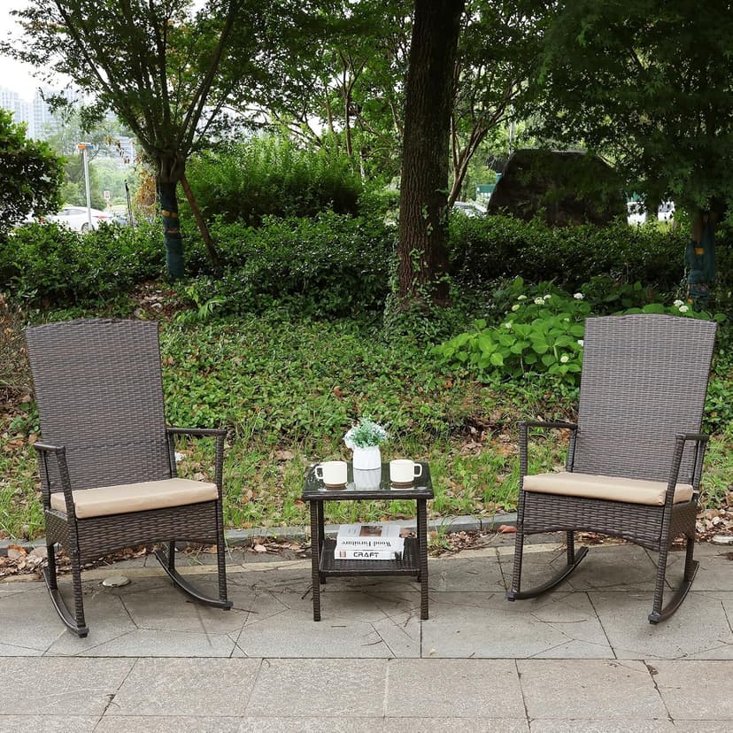 Outdoor Rocking Chair 3 Pieces High-Backed Rocking Chair Patio Rocking Chairs Outdoor Table, Khaki