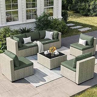 Patio Furniture Set, 7-Piece Outdoor Sectional All-Weather Wicker Patio Conversation Set for Backyard (Green Cushions with Grey Rattan)