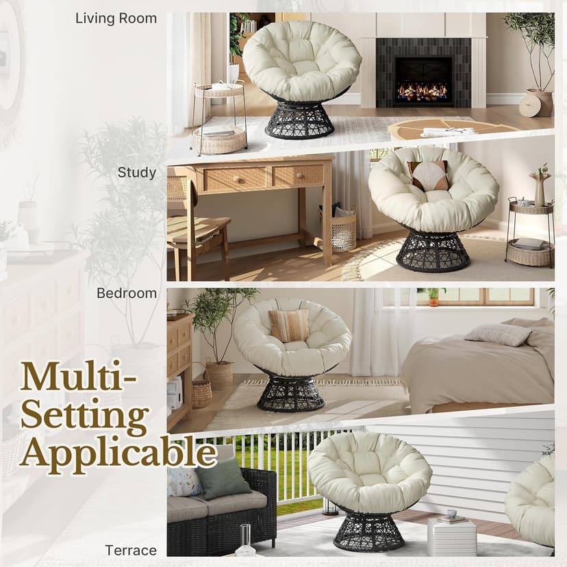 Yaheetech Indoor Papasan Chairs with Thick Tufted Cushions and Frame, Swivel Wicker Ergonomic Lounge Reading Chairs for Living Room/Bedroom, Beige
