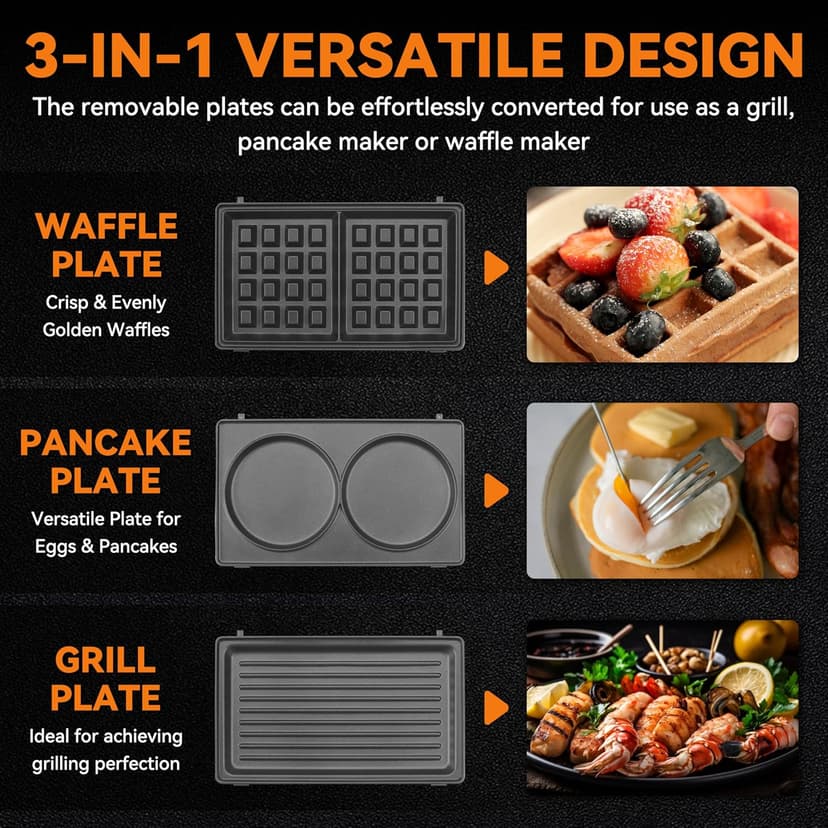 Baker’s Friend 3 in 1 Mini Waffle Maker with Removable Plates, Mini Pancake Maker, Grilled Cheese Maker, Breakfast Sandwich Maker Press, Mini Indoor Grill, Belgian Waffle Maker, Aqua