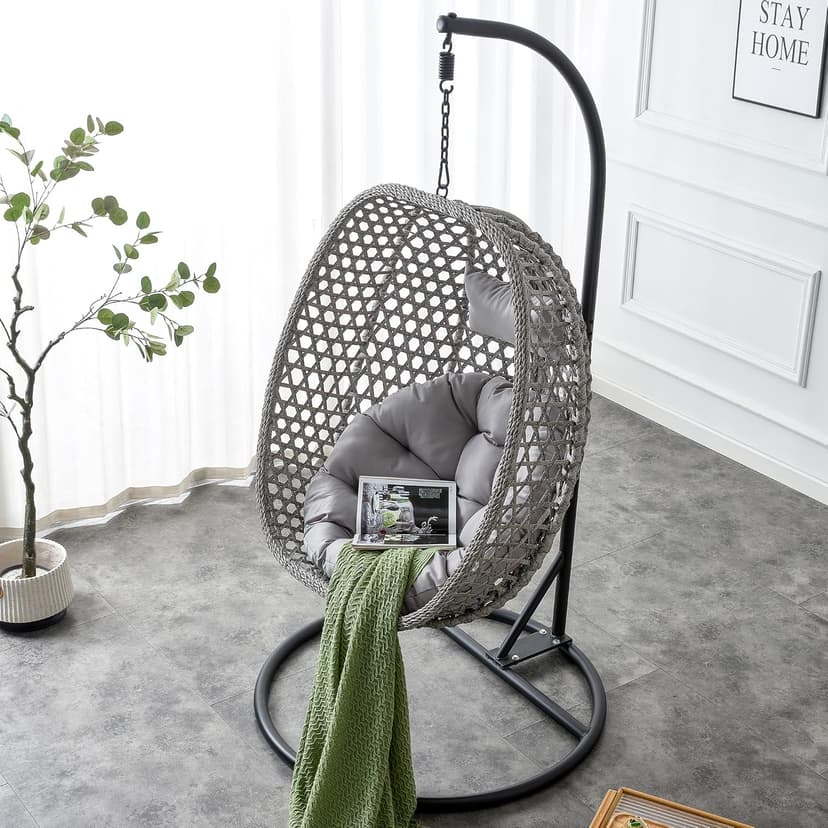 Egg Swing Chair Outdoor with Stand, Hanging Egg Rattan Basket Chair with Cushion and Pillow, Lounge Chairs, Foldable Basket and Metal Stand for Porch, Patio, Bedroom, Balcony,Yard (Grey)