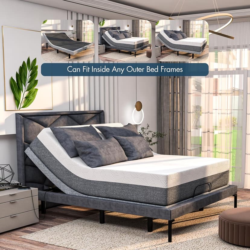 SF Split King Adjustable Bed Frame with Hybrid Mattress Included Massage - Adjustable Bed + Medium Soft Mattres, USB, UnderBed Light, Remote + App Control Electric Zero Gravity Base