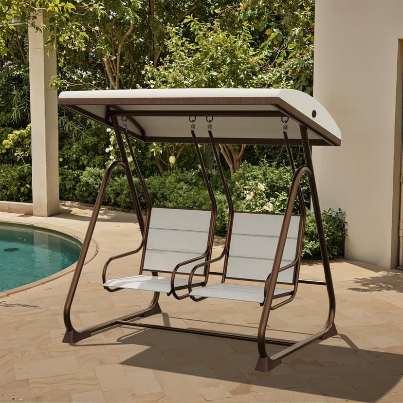 EAST OAK 2-Person Outdoor Porch Swing with Adjustable Canopy, Patio Swing Chair with Comfortable and Breathable Seats, Independent Swing Chairs for Garden, Balcony, Backyard, Chestnut Brown