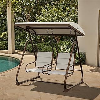 EAST OAK 2-Person Outdoor Porch Swing with Adjustable Canopy, Patio Swing Chair with Comfortable and Breathable Seats, Independent Swing Chairs for Garden, Balcony, Backyard, Chestnut Brown