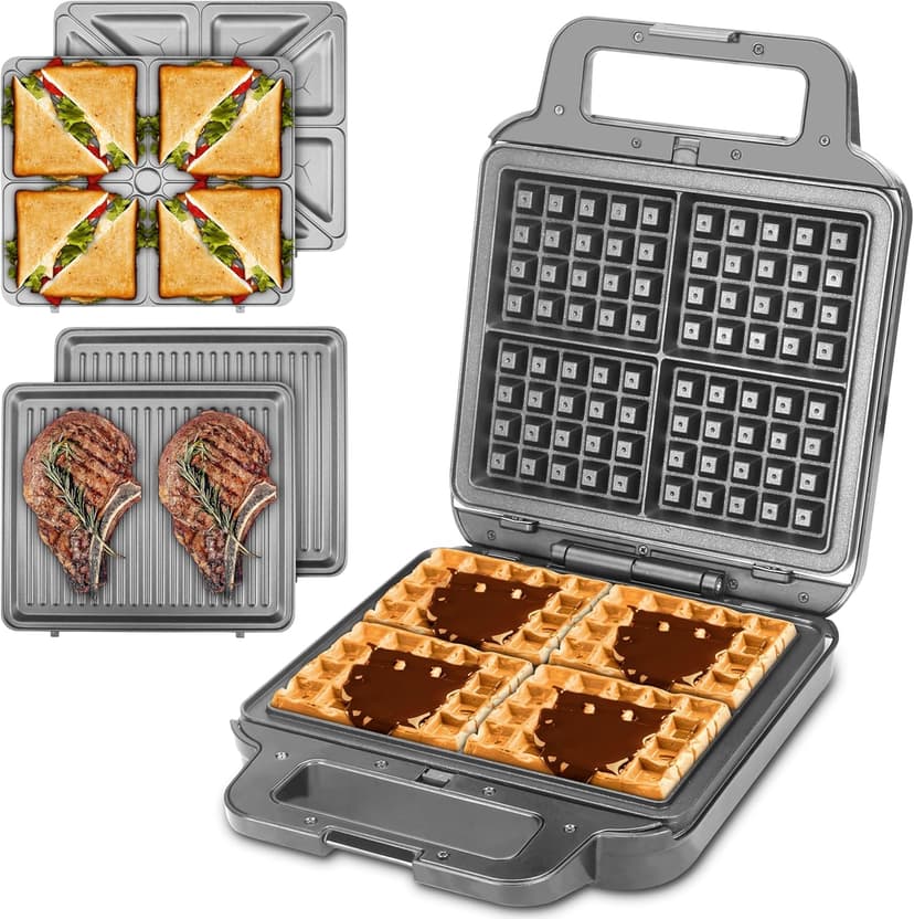 Belgian Waffle Maker with Removable Plates, Waflera Electrica, Large Waffle Iron, 3 in 1 Panini Grill Press Breakfast Sandwich Maker, Electric Griddle, Grilled Cheese Maker, Breakfast Station