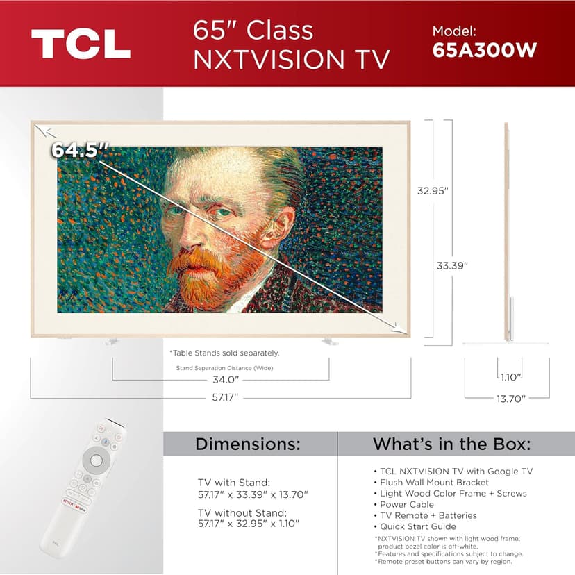 TCL 65-Inch Class QLED 4K Smart NXTVISION TV with Google TV (65A300W, 2024 Model) Dolby Vision HDR & Dolby Atmos, Built-in Google Assistant with Voice Remote, Works with Alexa, Streaming Television