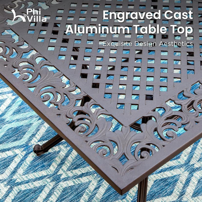 PHI VILLA Cast Aluminum Patio Dining Set for 6 Person, 7 Piece Outdoor Patio Set with 64" x 37" Cast-Top Aluminum Table(2.3" Umbrella Hole), 4 Dining Chairs and 2 Swivel Rockers with Seat Cushions