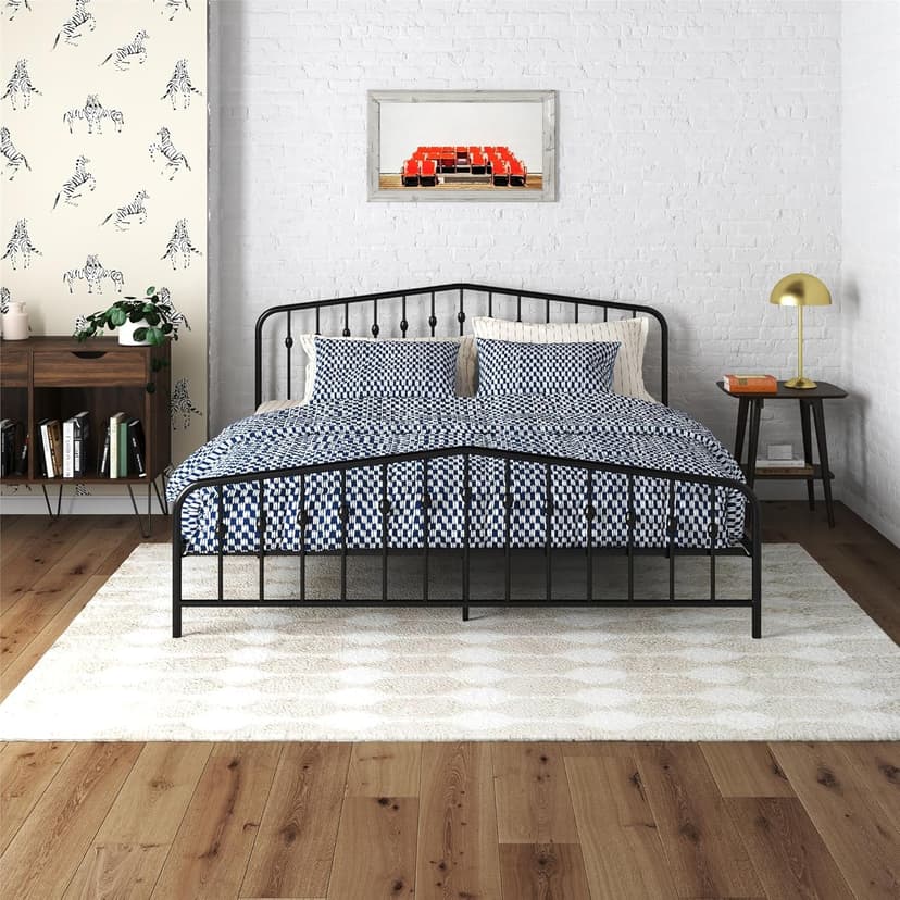 Novogratz Bushwick Modern Metal Bed, Slightly Triangular Headboard and Footboard with Inset Spindles, Adjustable Base Height for Underbed Storage, Requires No Box Spring, King Size - Black
