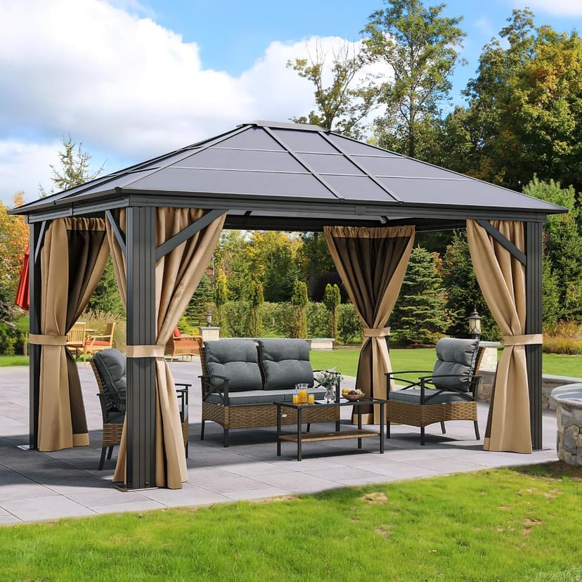 YITAHOME 10x12 Polycarbonate Gazebo Hardtop Outdoor Canopy with Netting and Shaded Curtains, Aluminum Frame Garden Tent for Patio, Backyard, Deck and Lawns, Brown