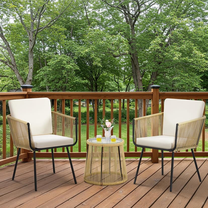 Yaheetech 3 Piece Patio Rattan Bistro Set, Outdoor All Weather PE Wicker Conversation Furniture Set with 2 Chairs & Tempered Glass Top Table & Cushions, for Poolside/Porch/Garden/Yard, Tan/Cream