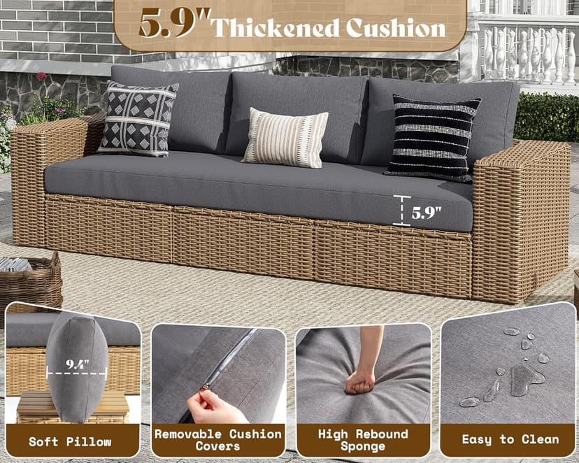 AMERLIFE 6-Piece Patio Sofa Set with Convertible Coffee Table - 8.3" Wide Armrests, UV-Resistant PE Rattan Outdoor Conversation Set for Balcony/Poolside, Waterproof Grey Cushions, Heavy-Duty Wicker