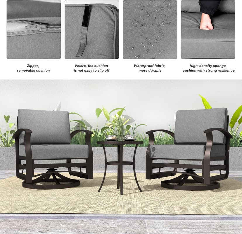 Kurapika 3 Pieces Patio Furniture Set, Outdoor Aluminum Rocking Chair, Patio Bistro Set Swivel Gliders Rocker with Tempered Glass Side Table (Grey)